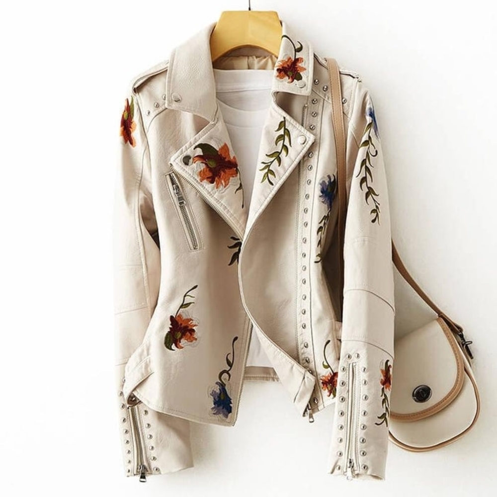 Floral Embroidered Vegan Leather Jacket